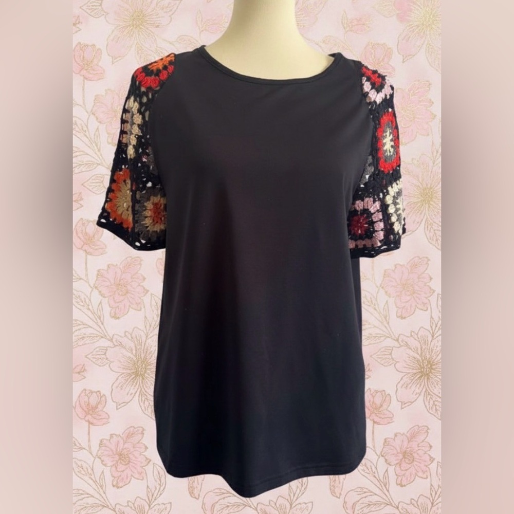 Unbranded Black Crochet Sleeve Boho  Women's Top Blouse Size Medium